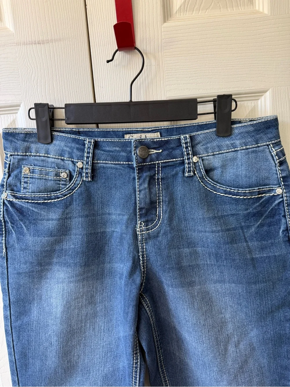 Earl Jeans Y2K Embellished Long Denim Shorts Bling Back Pockets Womens Size 6